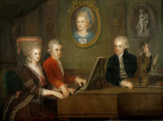 De familie Mozart: aan de piano, Wolfgang en zijn zus Nannerl ;vader Leopold Mozart met viool ... (olieverf op doek)
