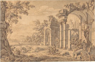 Landschap met een tekenaar tussen oude ruïnes