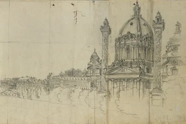 Uitzicht over de zuidelijke buitenwijken van Wenen en de Karlskirche