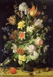 Stilleven met bloemen en pimpelmees