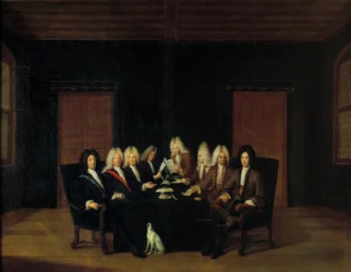 Oorlog van de Spaanse Successie: De Plenipotentiaries verzameld rond de Maarschalk Hertog van Villars en Prins Eugenius van Savoye-Carignan op het Vredescongres in Borden, 7/09/1714