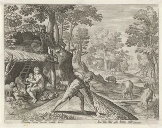 Adam en Eva aan het werk buiten het Aards Paradijs