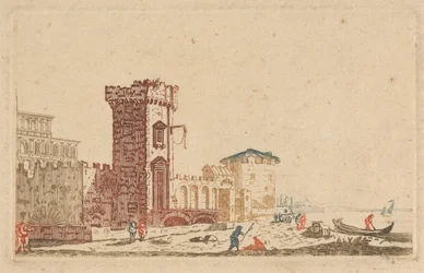[Een van] Zes gekleurde gravures van kastelen, ruïnes en zeegezichten