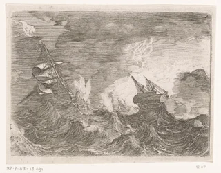 Vijf zeilschepen op zee tijdens een storm