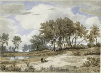 Italiaans landschap, twee monniken op de voorgrond