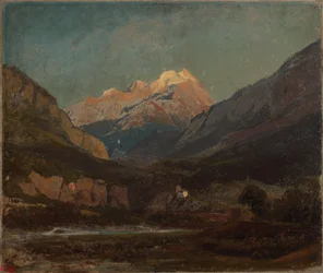 Zwitsers berglandschap met kapel en verre besneeuwde bergtop