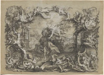 De Engel die Habakuk bij zijn haar wegvoert, omgeven door een uitgebreide rococo lijst