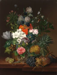 Stilleven met een hagedis en bloemen
