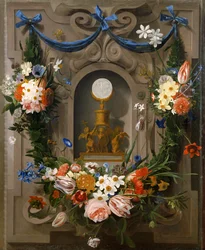 De eucharistie omringd door bloemen (olieverf op doek)