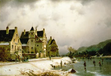 Een winter rivierlandschap met schaatsende figuren bij een dorp