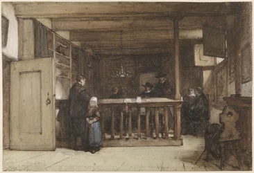 Betaaldag: De Schepenkamer in het Rechthuis te Nieuw-Loosdrecht, gestoffeerd met Zeventiende-eeuwse Figuren