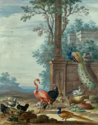 Een Italiaans Landschap met een Pauw, Fazant, Flamingo en andere Vogels