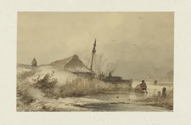 Winterlandschap met boerderij aan sloot
