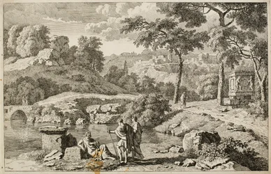 Arcadisch landschap met ruïnes