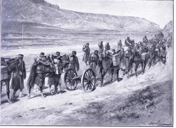 Een batterij veldkanonnen op weg naar Ichon, illustratie uit Cassells History of the Russo-Japanese War Vol 1, ca. 1900