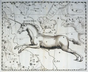 Monoceros, sterrenbeeld Eenhoorn, gravure uit de sterrenatlas Firmamentum Sobiescianum sive Uronographia