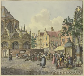 Links het koor van een kerk, rechts een fonteinhuis, met groenteverkoopsters