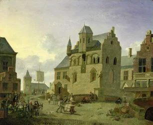 Stadsplein met figuren en boeren die op een markt handelen