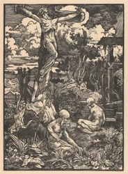 Gekruisigde man in heuvellandschap