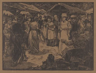 Marktscène met mannen en vrouwen