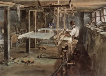Appenzeller weverspaar aan het werk aan het handweefgetouw, circa 1830
