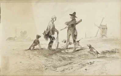 Jagers met honden in een landschap met een molen