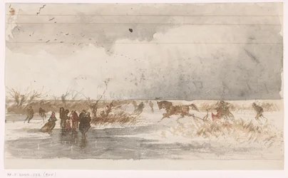 Schaatsers en arrenslee op het ijs