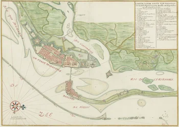 Aquarelkaart van de stad Recife (Brazilië) in de 17e eeuw