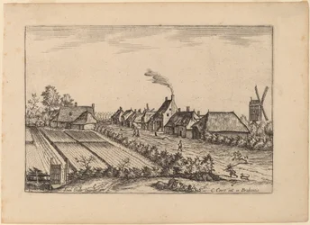 Velden en een Dorpsweg met Postmolen