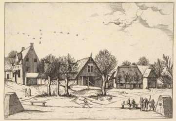 Dorp, boogschutters op de voorgrond uit Multifariarum casularum ruriumque linea, 1559-61