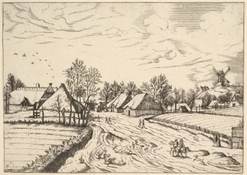 Dorp met postmolen uit Multifariarum casularum ruriumque lineamenta curios