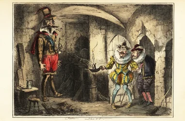 Guy Fawkes, leider van het Buskruitverraad, betrapt in de kelder van het Parlement, 5 november 1604