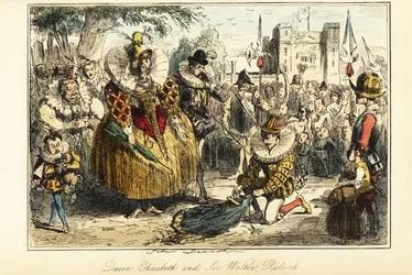 Sir Walter Raleigh legt zijn mantel over een plas voor koningin Elizabeth I in Greenwich