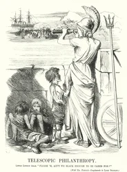 Punch cartoon: Telescopische Filantropie - de preoccupatie van de Victoriaanse middenklasse met hulp voor de armen in het buitenland in plaats van thuis