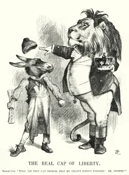 Punch cartoon: De echte Vrijheidsmuts - de superioriteit van de constitutionele monarchie van Groot-Brittannië boven het republicanisme (gravure)