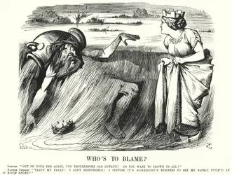 Punch cartoon: Wie is de Schuldige? - oproepen om actie te ondernemen om overstromingen van de Theems in Londen te voorkomen (gravure)