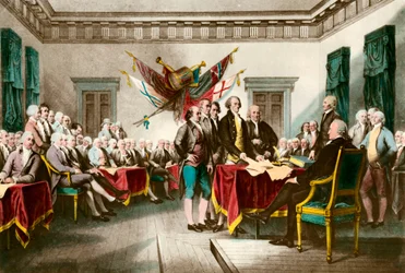 Ondertekening van de Amerikaanse Onafhankelijkheidsverklaring in 1776, gravure naar het schilderij van John Trumbull (1756-1843), 1783, particuliere collectie