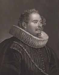 Portret van Duitse graveur en uitgever Martin Engelbrecht (1684-1756), gravure door D J Pound naar schilderij van Van Dick, uit Payne