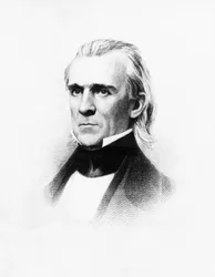 Portret van James Knox Polk (1795-1849), Amerikaanse advocaat en politicus die diende als 11e president van de Verenigde Staten van 1845 tot 1849, gravure naar daguerreotypie door Mathew Brady (1822-1896)
