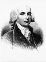 Portret van James Madison (1751-1836), Founding Father, Amerikaanse politicus, 4e president van de Verenigde Staten van 1809 tot 1817, en een van de vaders van de Grondwet, gravure