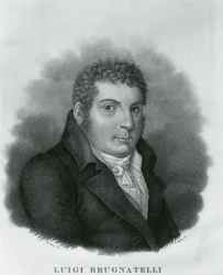 Portret van Luigi Valentino Brugnatelli (1761-1818), Italiaanse chemicus en uitvinder van galvaniseren, ets door Luigi Rados naar tekening van Roberto Focosi