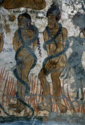 Straf van de verdoemden, detail van de kerk van Agia Paraskevi, Voutas, Kreta, Griekenland