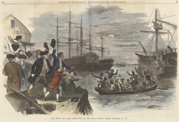 De Boston Tea Party - Vernietiging van de Thee in de Haven van Boston, 16 december 1773, uit Ballous Pictorial Drawing-Room Companion, uitgegeven 1865