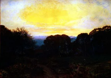 Een tuinman die een koolveld graaft bij zonsondergang