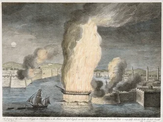 De verbranding van de Amerikaanse fregat de Philadelphia in de haven van Tripoli, 1805 (handgekleurde lijngravure op papier)