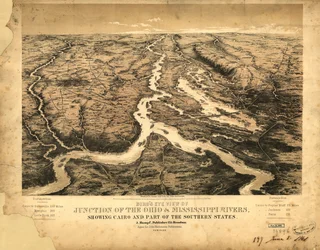 Vogelvlucht van de samenvloeiing van de Ohio  Mississippi, met zicht op Caïro en een deel van de zuidelijke staten LOC 99447003