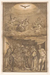 Maria in de wolken en zes heiligen