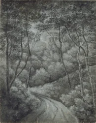 Landschap met een pad door een bos en een klassiek tempel