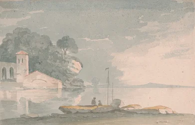 Boot en figuren aan de oever van een meer