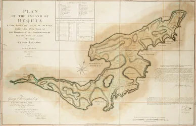 Plan van het eiland Bequia opgesteld door een daadwerkelijke enquête onder leiding van de Eerwaarde de Commissarissen voor de verkoop van land in de afgestane eilanden door John Byres Hoofdlandmeter 1776